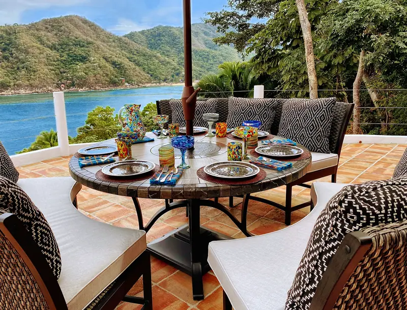 Dinner for eight, set outside, Casa Gratitud, Yelapa