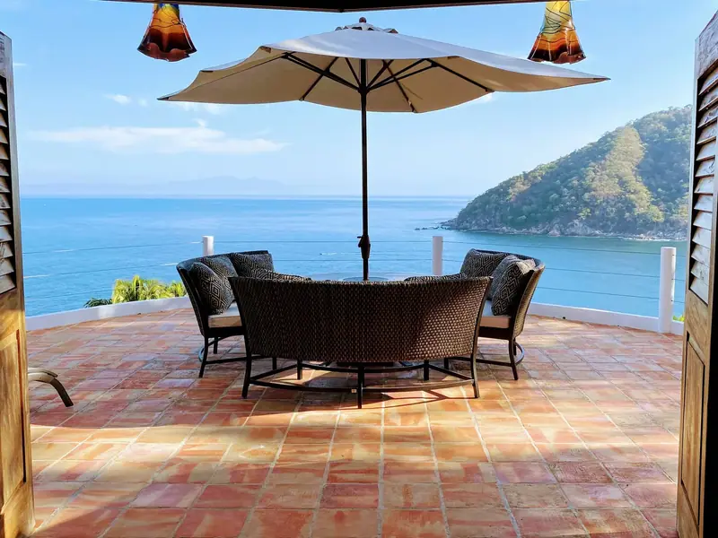 Terrace dining under the umbrella